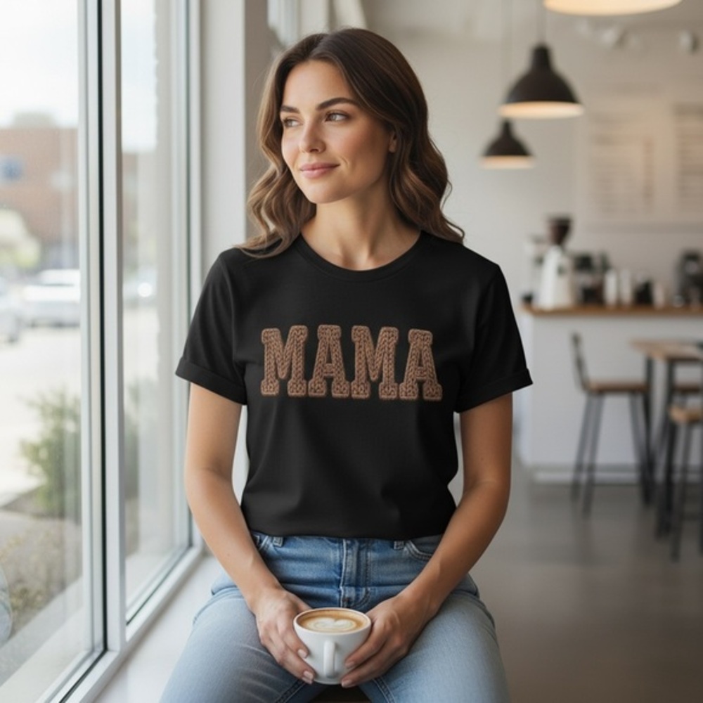 Mama Graphic Tee – Black Brown Yarn Print | Sizes S–XL | Cute Casual Top